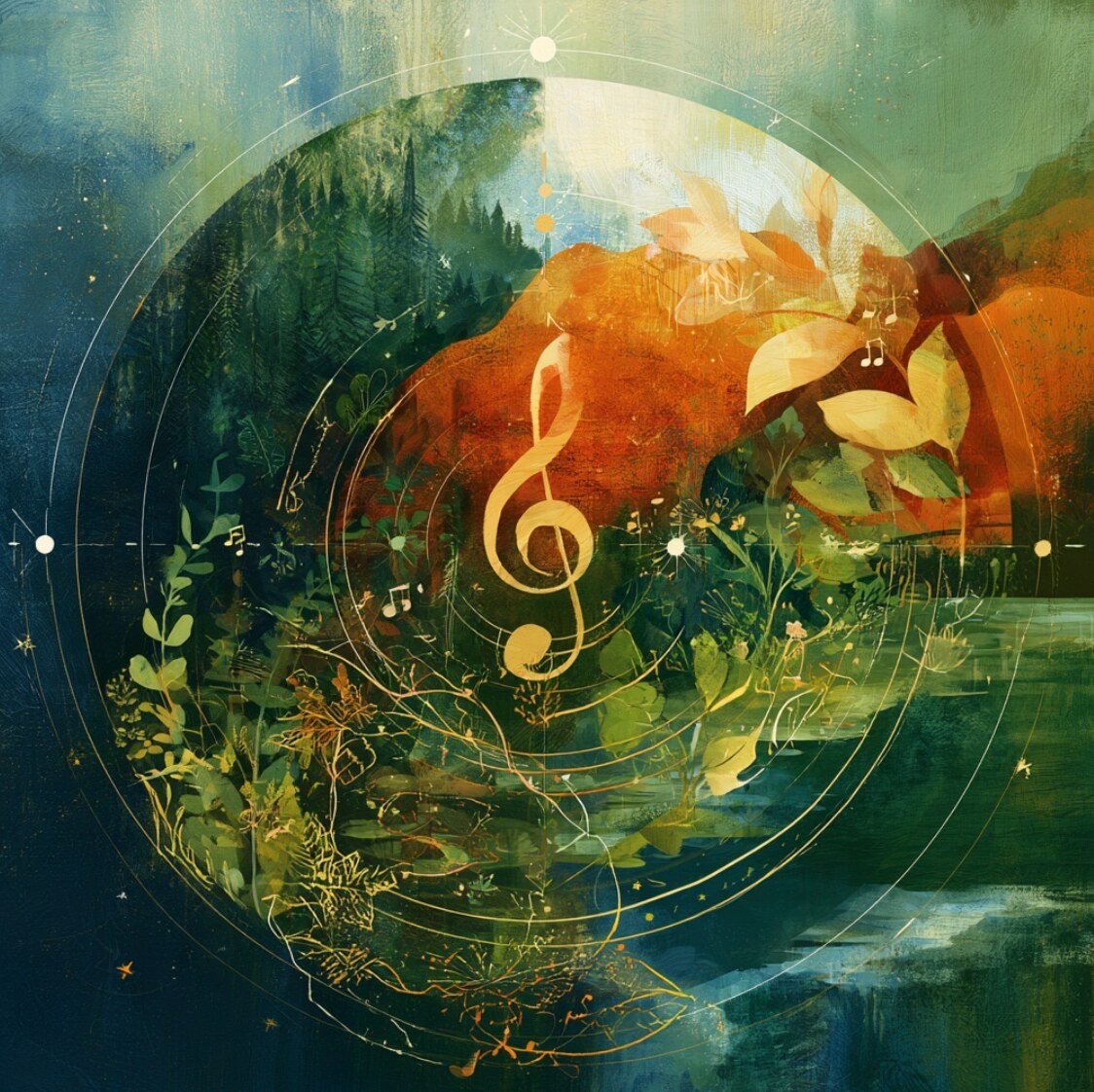 Layered artwork of forest, water, plants, music and circular patterns expressing creativity within a living system