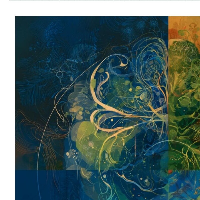 Layered artwork in deep blue, green and ochre expressing relationship, language and living systems