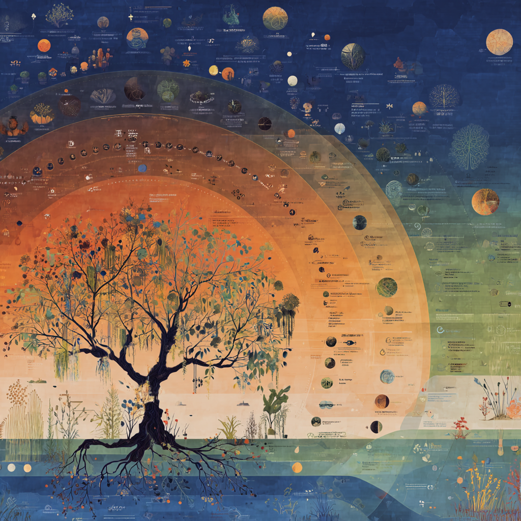A richly layered tree of life surrounded by concentric fields, ecological forms and many scales of natural pattern